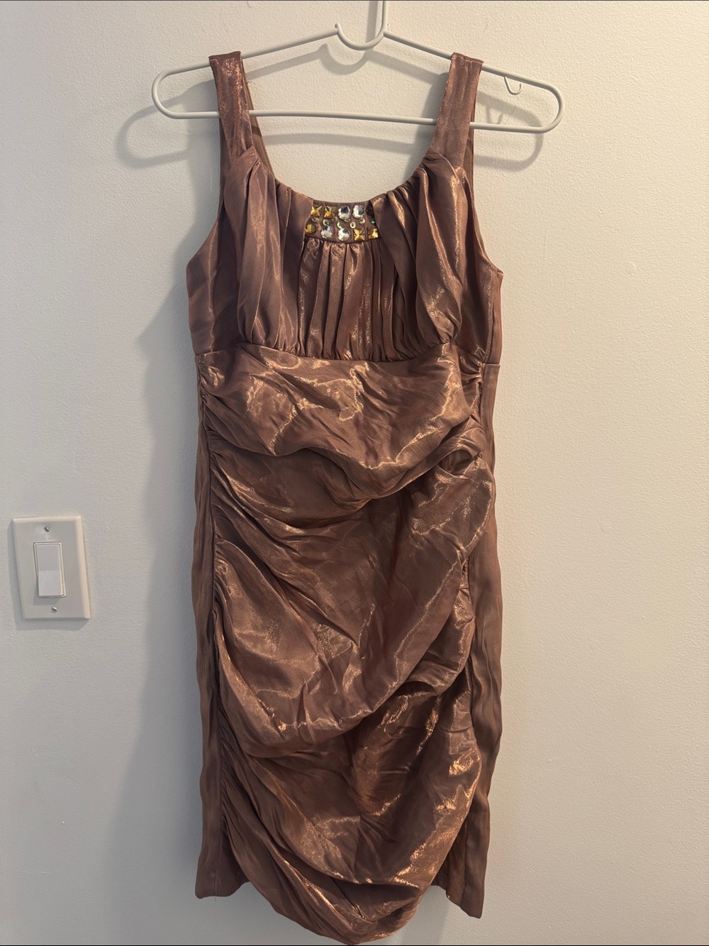 Ruched Metallic Taupe Midi Dress with Embellished Neckline